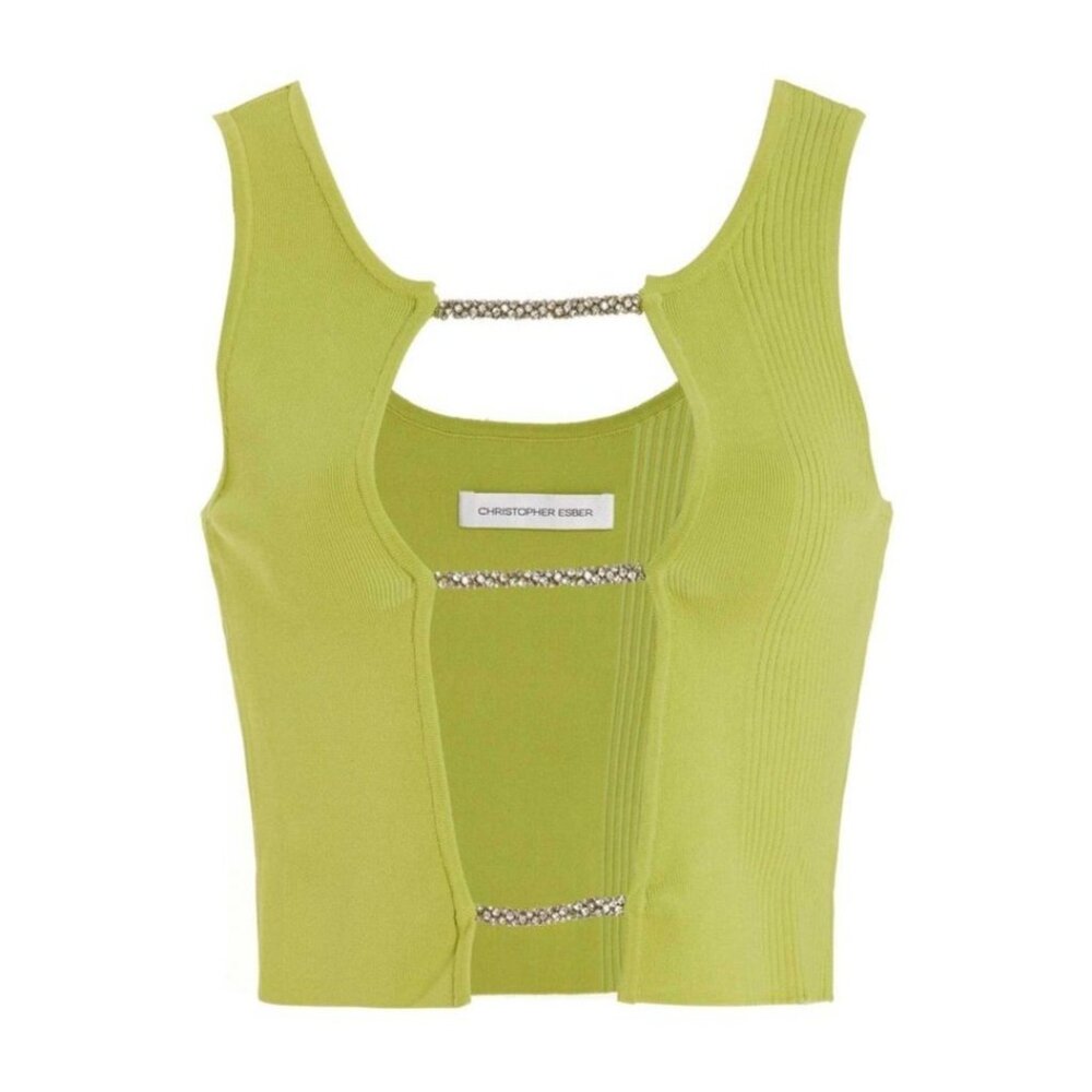 Christopher Esber Crystal Lattice Front Knit Tank Top in Green